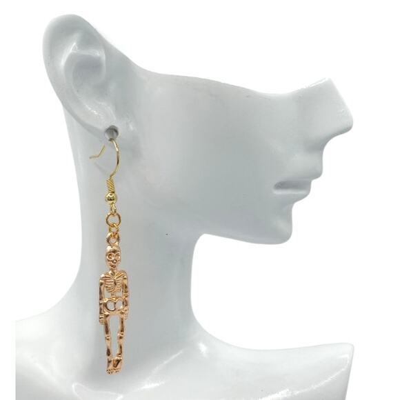 Skeleton Earrings Gold Tone Spooky Halloween Dangles - Picture 2 of 4
